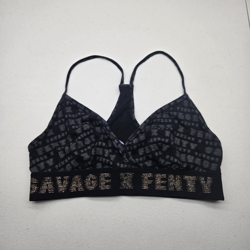 Savage X Fenty Women Bra Medium Black Geometric Bralette Wireless Jersey Strap
